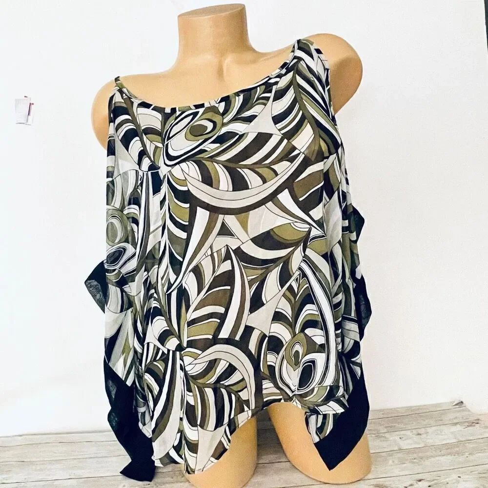 NWT JLO Jennifer Lopez L Olive Green Chiffon Open Shoulder Lightweight Poncho